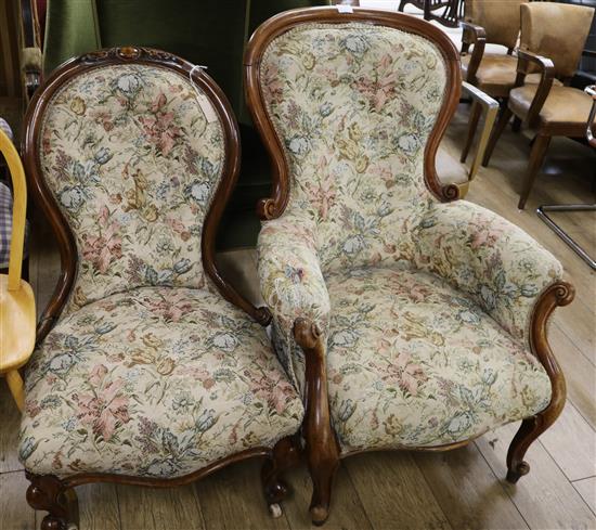 A Victorian walnut armchair and a similar nursing chair with carved cresting (a.f.)